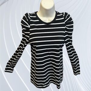 Crown & Ivy P/M Black White Stripe Shirt Puff Sleeve Petite Medium Women Long